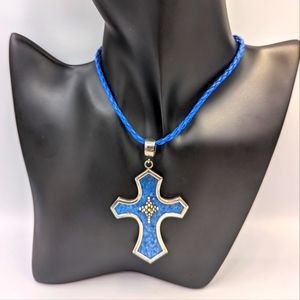 Signed Whitney Kelly WK 925 Sterling Blue Denim Lapis Cross Pendant Necklace